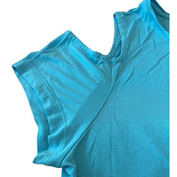 JM COLLECTION CAP SLEEVE COLD SHOULDER TOP, WOMENS, XL, LIGHT BLUE-ROUND HEMLINE - Picture 7 of 11